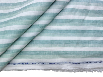 100% Pure Linen 60 LEA Shirting Fabric Shirting Fabric (White & Green, Multistripes)