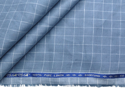 100% Pure Linen 60 LEA Shirting Fabric Shirting Fabric (Pastel Blue, Checks)