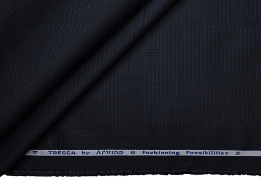 Arvind Tresca 2/60s Wrinkle Resistant 100% Pure Giza Cotton Suiting Fabric (Black, Blue Self Checks)