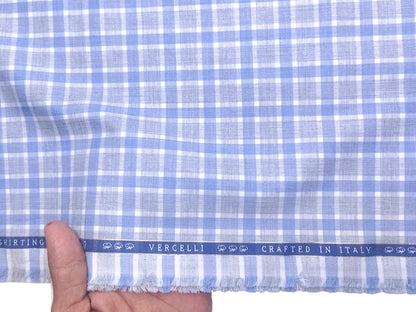 Vercelli Italy 2/100s Finest Supima Cotton Shirting Fabric (Powder Blue, Checks)