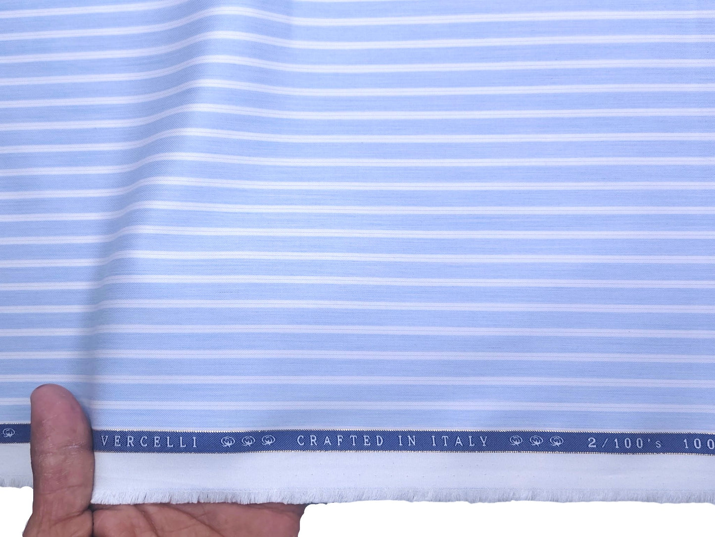 Vercelli Italy 2/100s Finest Supima Cotton Shirting Fabric (Sky Blue, Stripes)
