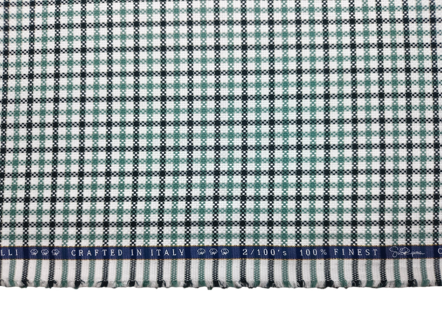 Vercelli Italy 2/100s Finest Supima Cotton Shirting Fabric (White , Black & Green, Patterned Checks)