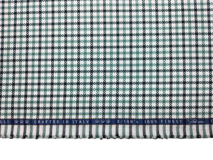 Vercelli Italy 2/100s Finest Supima Cotton Shirting Fabric (White , Black & Green, Patterned Checks)