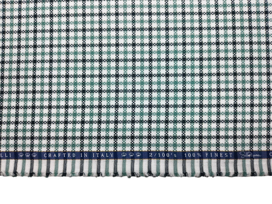 Vercelli Italy 2/100s Finest Supima Cotton Shirting Fabric (White , Black & Green, Patterned Checks)