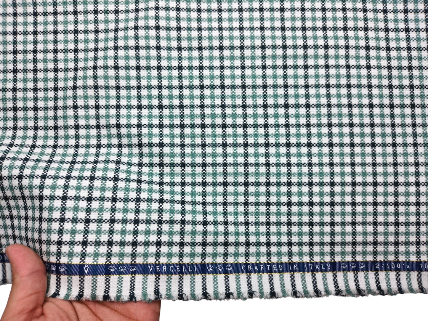 Vercelli Italy 2/100s Finest Supima Cotton Shirting Fabric (White , Black & Green, Patterned Checks)