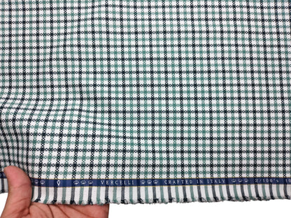 Vercelli Italy 2/100s Finest Supima Cotton Shirting Fabric (White , Black & Green, Patterned Checks)