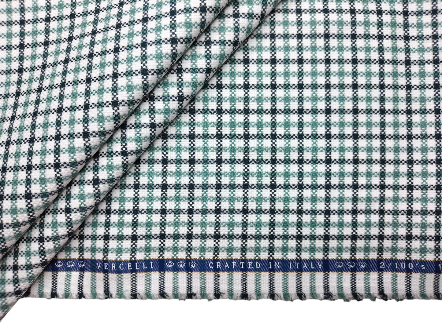 Vercelli Italy 2/100s Finest Supima Cotton Shirting Fabric (White , Black & Green, Patterned Checks)