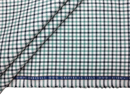 Vercelli Italy 2/100s Finest Supima Cotton Shirting Fabric (White , Black & Green, Patterned Checks)