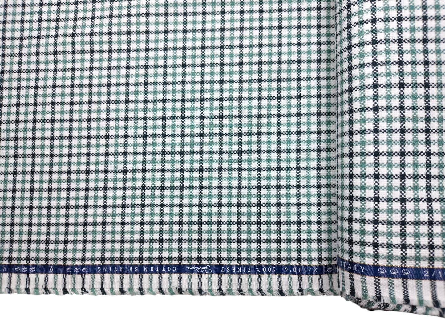Vercelli Italy 2/100s Finest Supima Cotton Shirting Fabric (White , Black & Green, Patterned Checks)