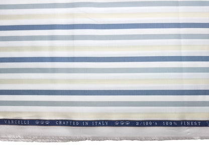 Vercelli Italy 2/100s Finest Supima Cotton Shirting Fabric (White , Blue & Yellow, Multistripes)