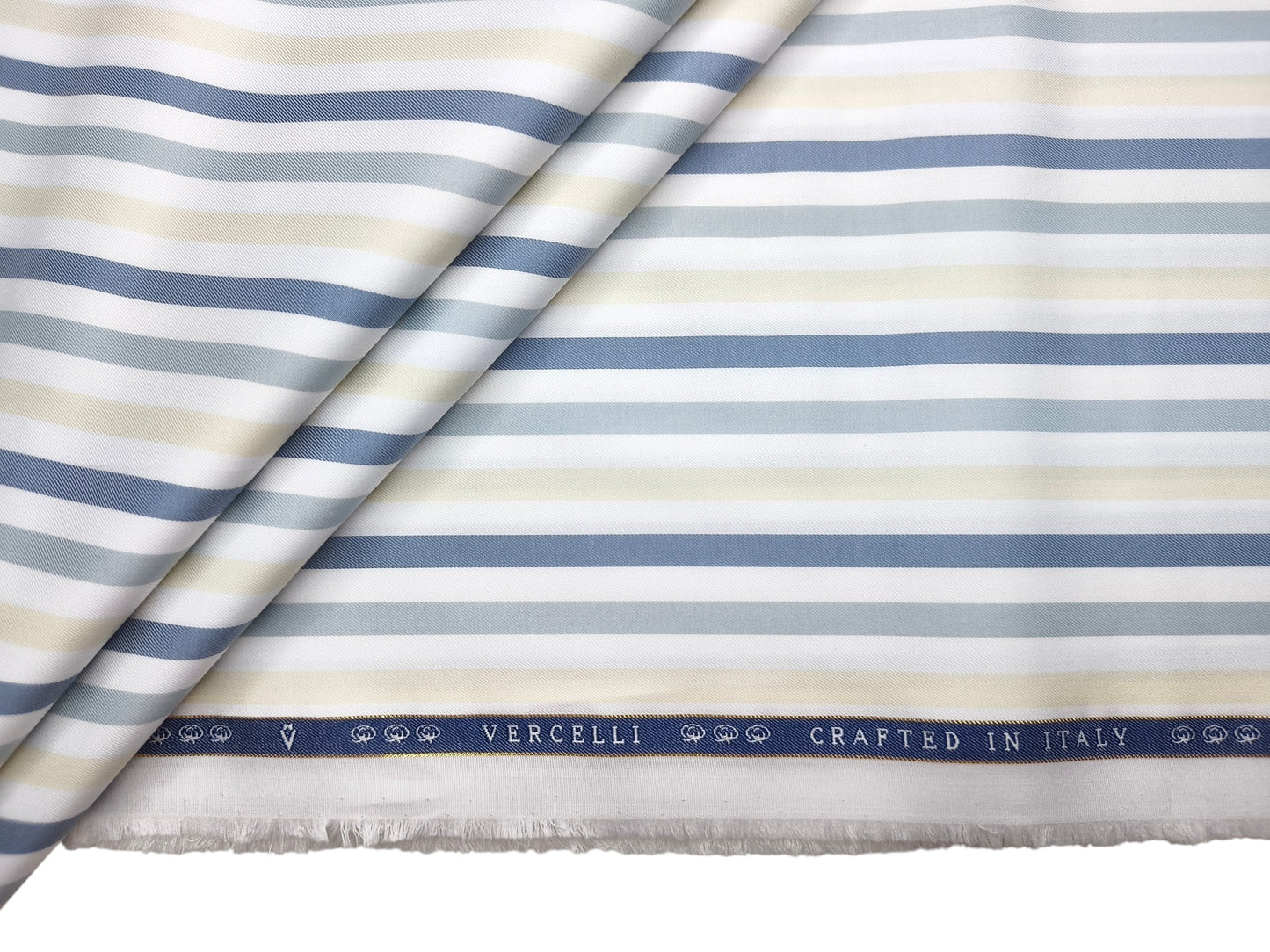 Vercelli Italy 2/100s Finest Supima Cotton Shirting Fabric (White , Blue & Yellow, Multistripes)