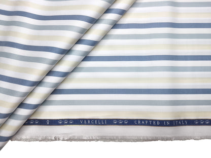 Vercelli Italy 2/100s Finest Supima Cotton Shirting Fabric (White , Blue & Yellow, Multistripes)