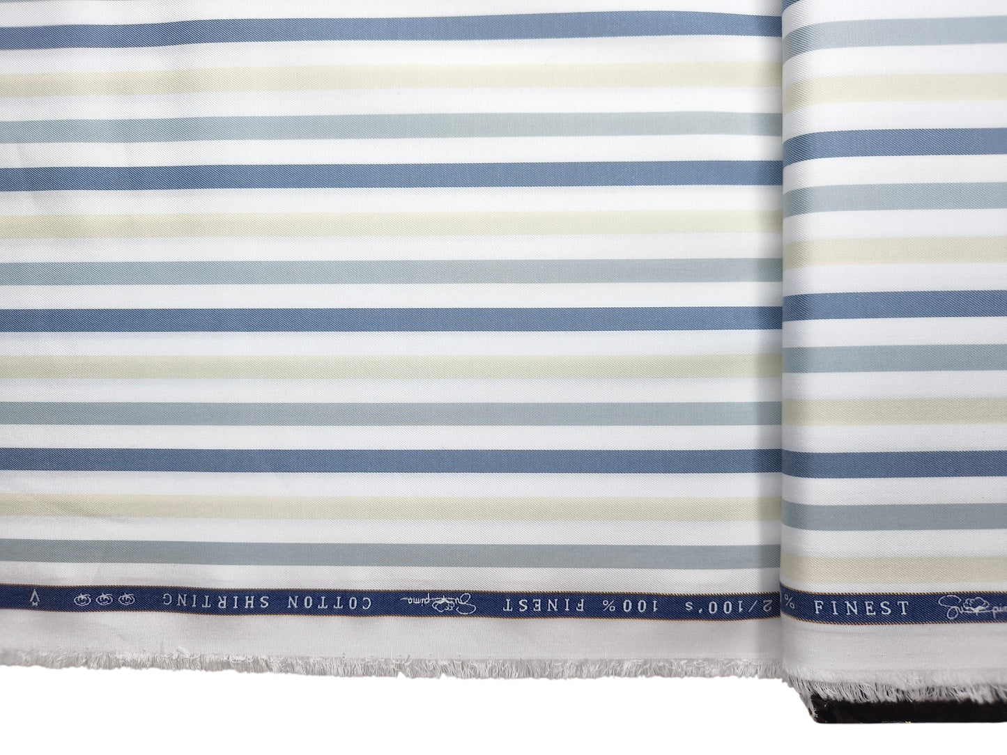 Vercelli Italy 2/100s Finest Supima Cotton Shirting Fabric (White , Blue & Yellow, Multistripes)