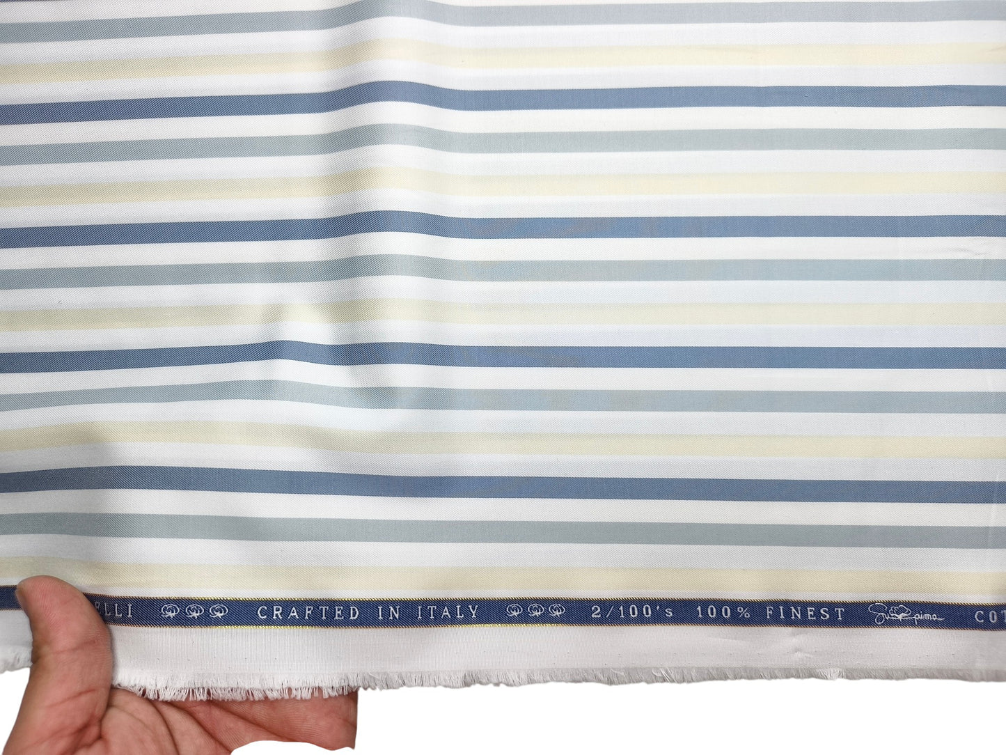 Vercelli Italy 2/100s Finest Supima Cotton Shirting Fabric (White , Blue & Yellow, Multistripes)
