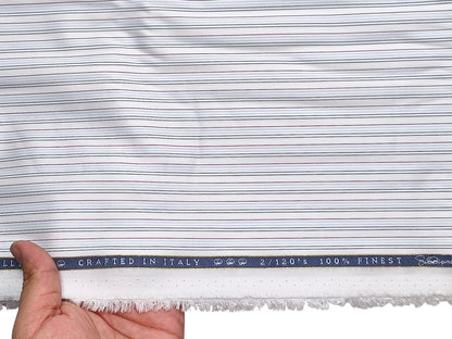 Vercelli Italy 2/120s 100% Finest Supima Cotton Shirting Fabric (White And Blue, Multistripes)