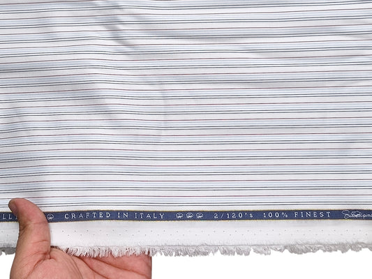 Vercelli Italy 2/120s 100% Finest Supima Cotton Shirting Fabric (White And Blue, Multistripes)
