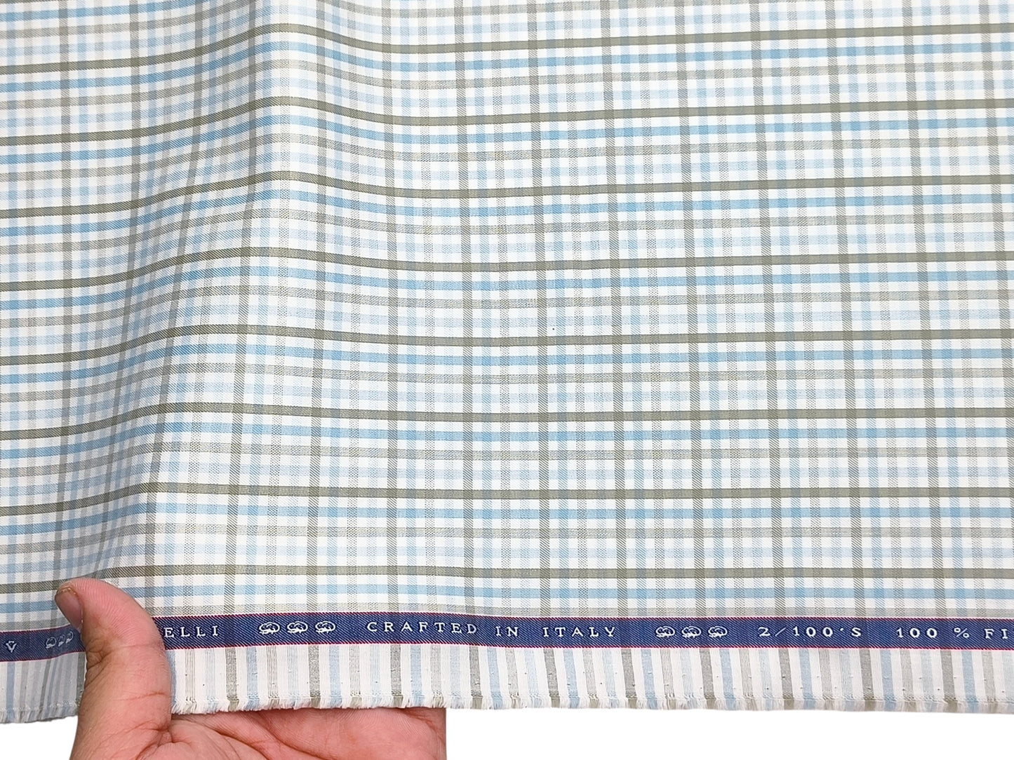 Vercelli Italy 2/100s Finest Supima Cotton Shirting Fabric (Blue & Olive Green, Checks)