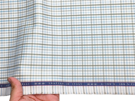 Vercelli Italy 2/100s Finest Supima Cotton Shirting Fabric (Blue & Olive Green, Checks)