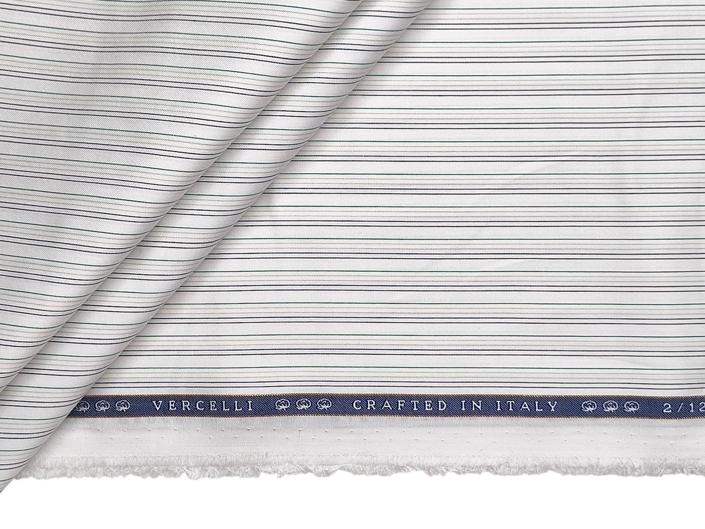 Vercelli Italy 2/120s Finest Supima Cotton Shirting Fabric (White & Green, Stripes)