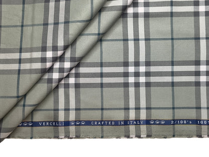 Vercelli Italy 2/100s Finest Supima Cotton Shirting Fabric (Pastel Green, Checks)