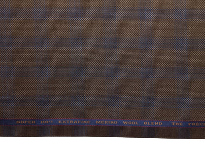 Georgia Gullini Italy Super 110s Merino Wool Blend Suiting Fabric (Coffee Brown, Blue Checks)
