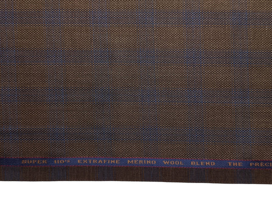 Georgia Gullini Italy Super 110s Merino Wool Blend Suiting Fabric (Coffee Brown, Blue Checks)