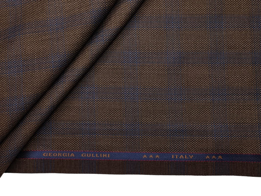 Georgia Gullini Italy Super 110s Merino Wool Blend Suiting Fabric (Coffee Brown, Blue Checks)