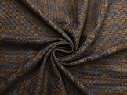 Georgia Gullini Italy Super 110s Merino Wool Blend Suiting Fabric (Coffee Brown, Blue Checks)