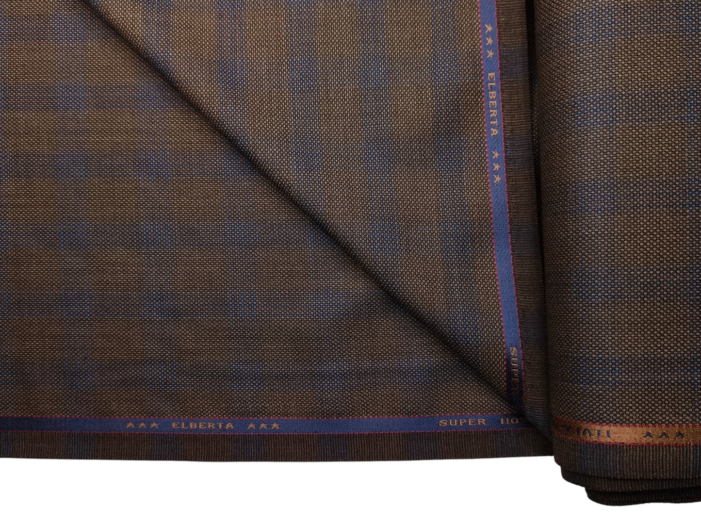 Georgia Gullini Italy Super 110s Merino Wool Blend Suiting Fabric (Coffee Brown, Blue Checks)