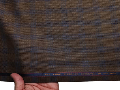 Georgia Gullini Italy Super 110s Merino Wool Blend Suiting Fabric (Coffee Brown, Blue Checks)