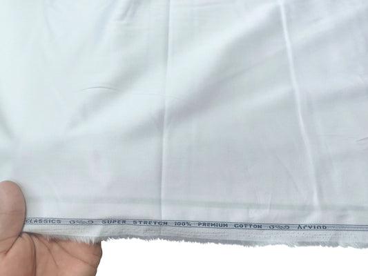 Arvind 100% Superfine Premium Cotton Lycra Shirting Fabric (White)