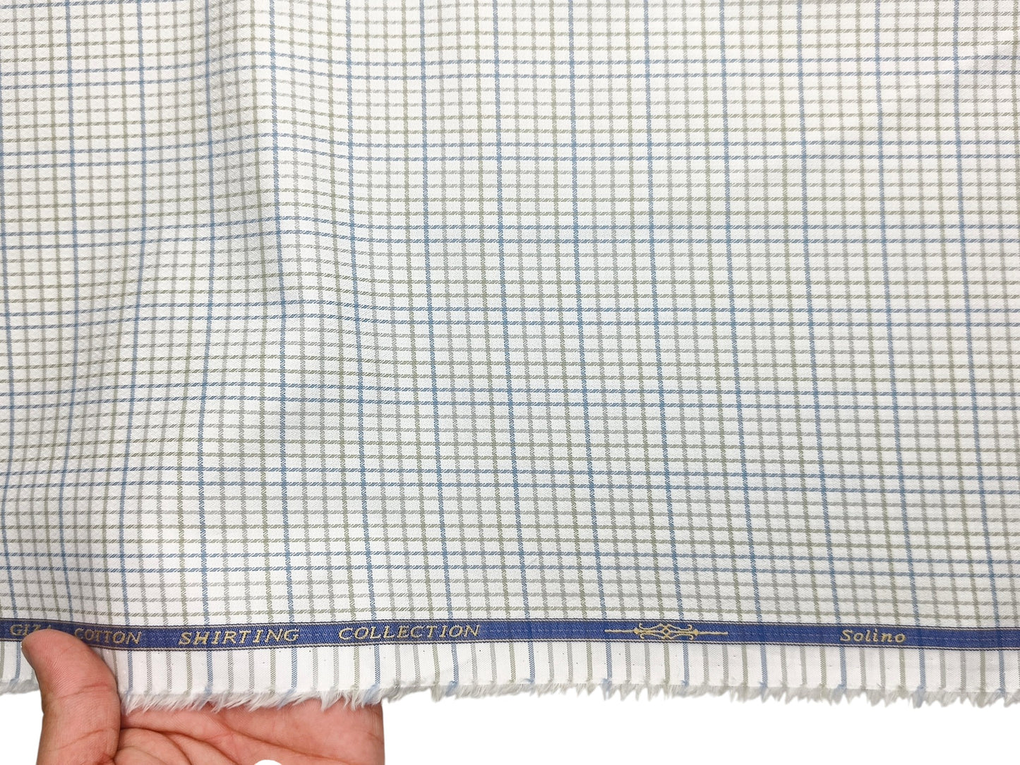 Solino 100% Premium Giza Cotton Shirting Fabric (White , Green & Blue, Checks)