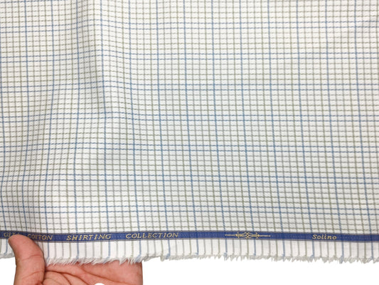 Solino 100% Premium Giza Cotton Shirting Fabric (White , Green & Blue, Checks)