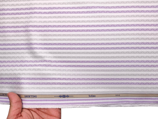 Solino 100% Premium Giza Cotton Shirting Fabric (White & Lavender , Patterned Stripes)
