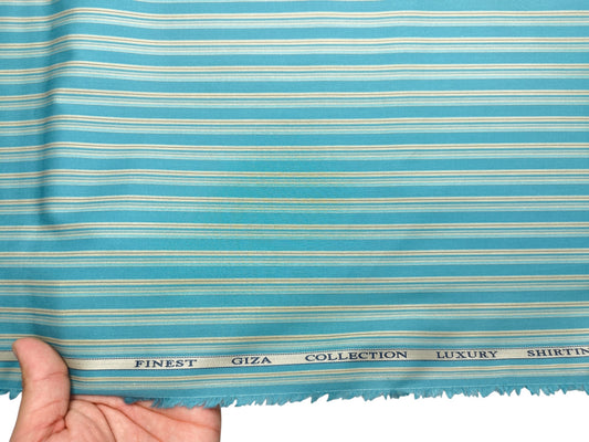 Solino 100% Premium Giza Cotton Shirting Fabric (Aqua Blue, Stripes)
