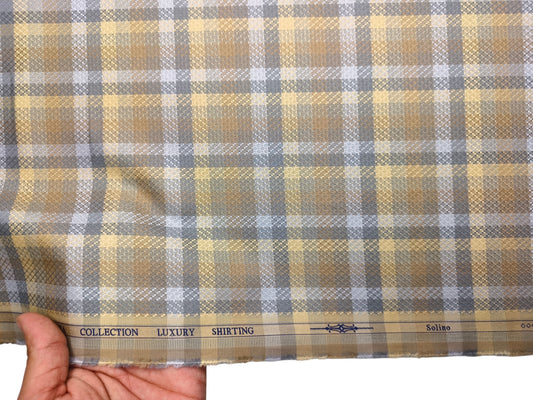 Solino 100% Premium Giza Cotton Shirting Fabric (Grey , Brown & Golden, Multichecks)