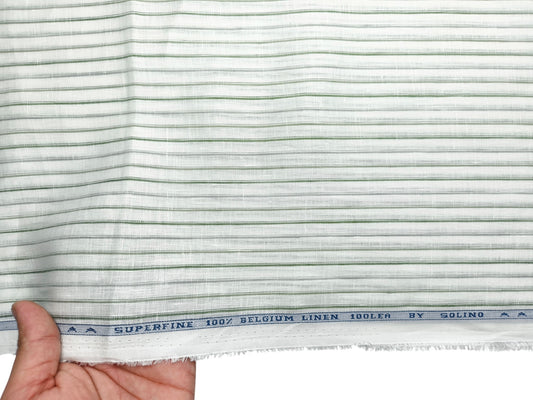 Solino 100% Pure Linen Premium 100 LEA Shirting Fabric (White , Green & Grey, Stripes)