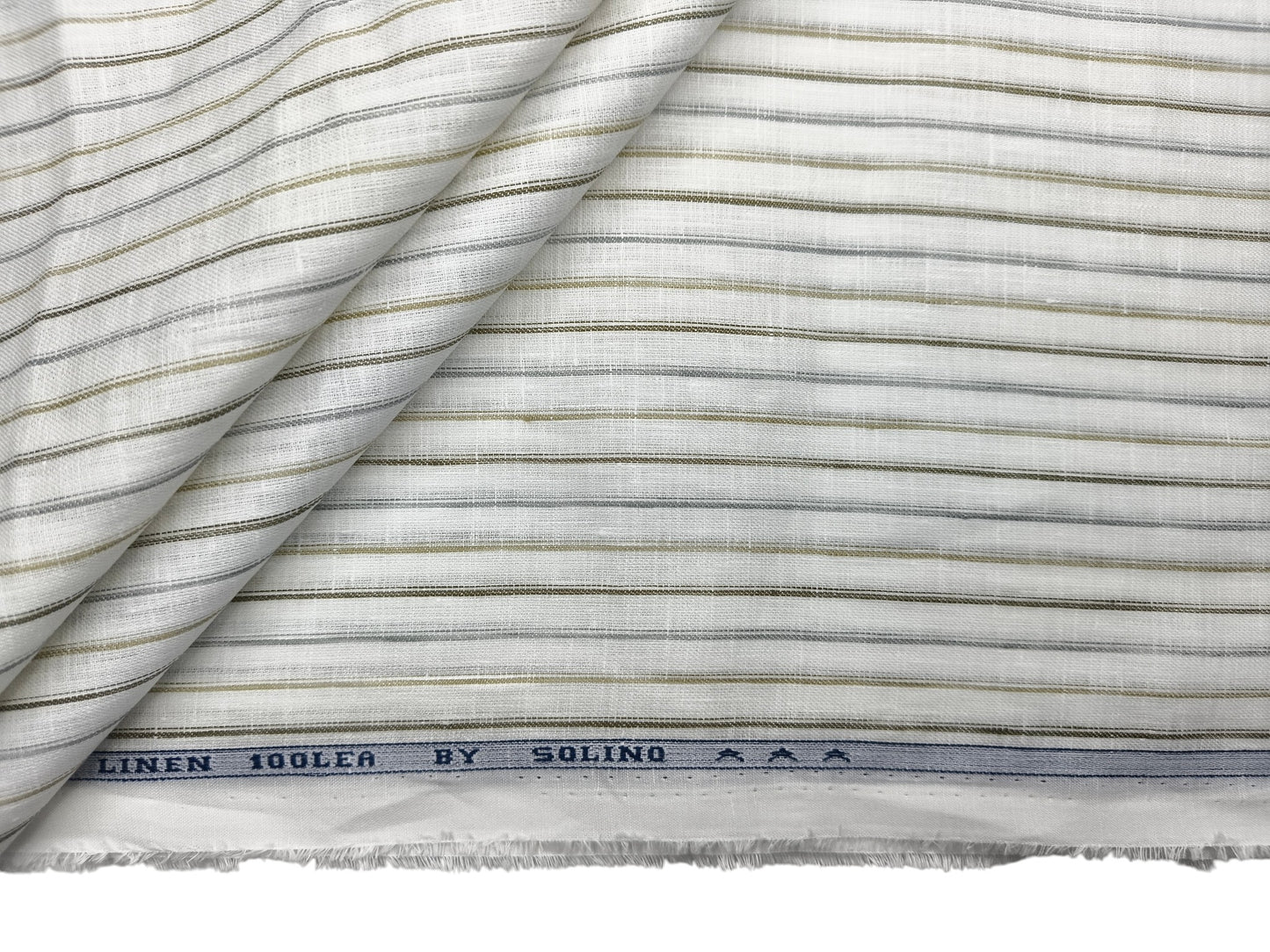 Solino 100% Pure Linen Premium 100 LEA Shirting Fabric (White , Grey & Olive, Stripes)