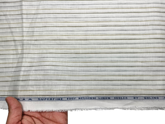 Solino 100% Pure Linen Premium 100 LEA Shirting Fabric (White , Grey & Olive, Stripes)