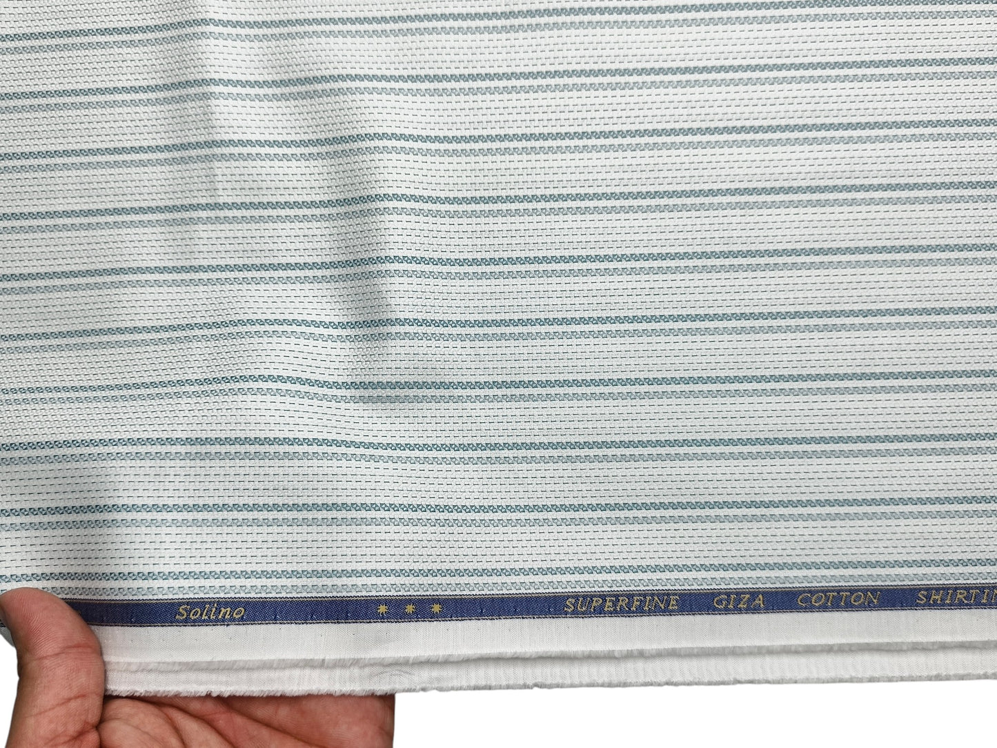Solino 100% Premium Giza Cotton Shirting Fabric (White, Patterned Stripes)