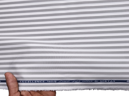 Giza House By Soktas 140/2 Premium Giza Cotton Shirting Fabric (White & Grey, Stripes)