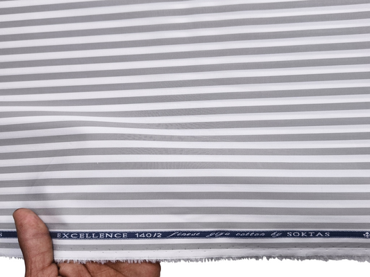 Giza House By Soktas 140/2 Premium Giza Cotton Shirting Fabric (White & Grey, Stripes)