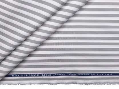 Giza House By Soktas 140/2 Premium Giza Cotton Shirting Fabric (White & Grey, Stripes)