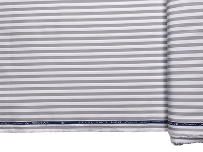 Giza House By Soktas 140/2 Premium Giza Cotton Shirting Fabric (White & Grey, Stripes)