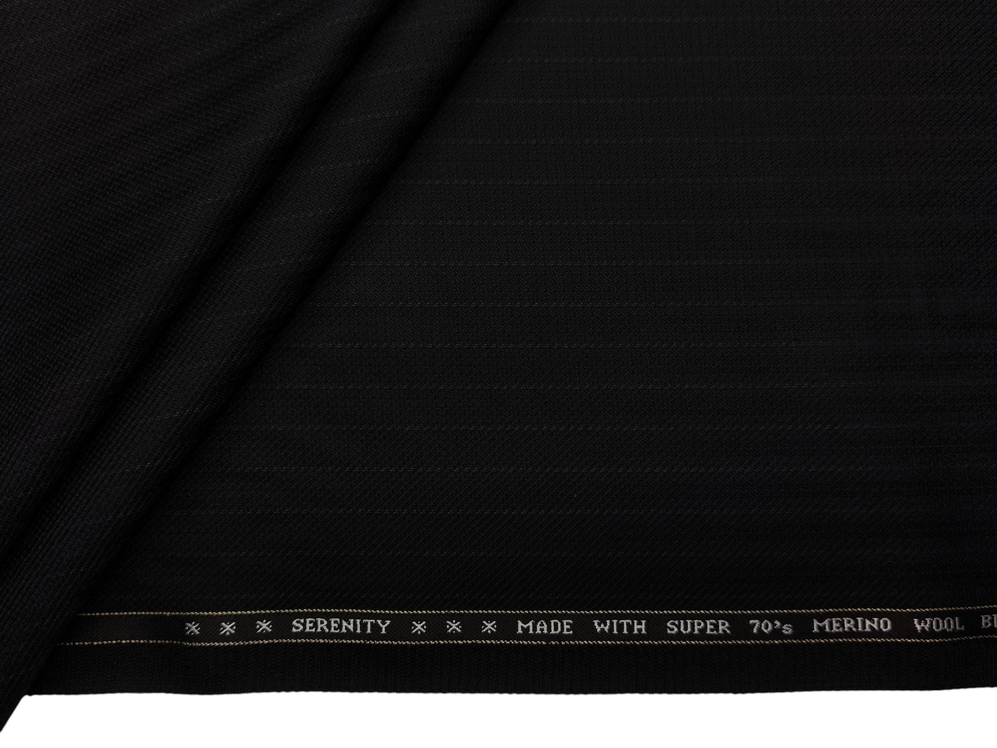 Raymond Serenity Super 70s Merino Wool Blend Suiting Fabric (Black, Patterned Pinstripes)