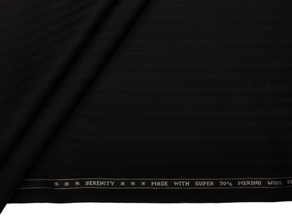 Raymond Serenity Super 70s Merino Wool Blend Suiting Fabric (Black, Patterned Pinstripes)
