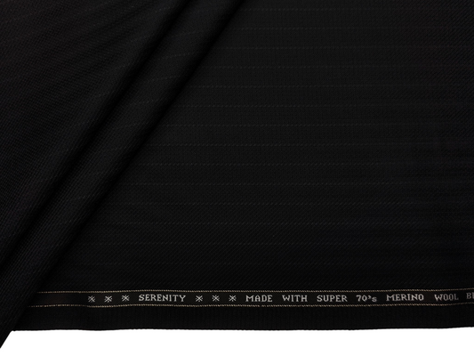 Raymond Serenity Super 70s Merino Wool Blend Suiting Fabric (Black, Patterned Pinstripes)