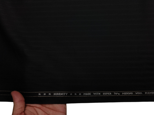 Raymond Serenity Super 70s Merino Wool Blend Suiting Fabric (Black, Patterned Pinstripes)