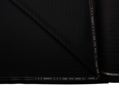 Raymond Serenity Super 70s Merino Wool Blend Suiting Fabric (Black, Patterned Pinstripes)
