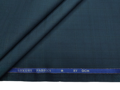 OCM Privilege Club Super 120s Merino Wool Blend Premium Suiting Fabric (Deep Teal Blue, Checks)